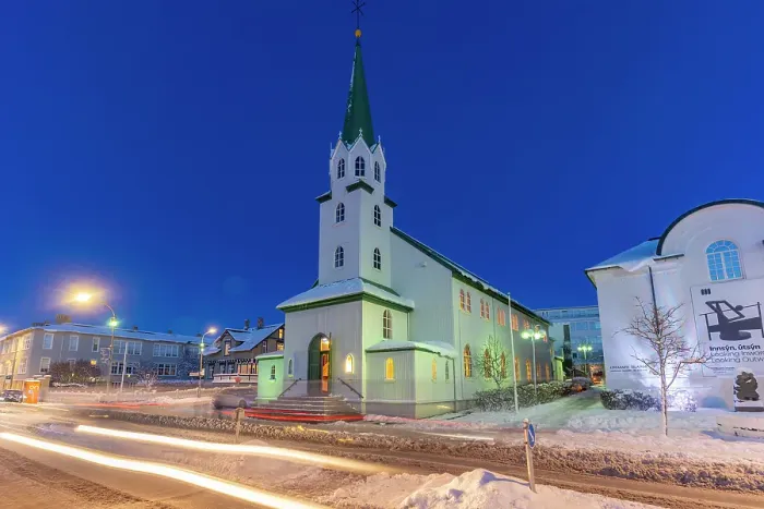 Framed Print : View of the Lutheran Free Church in the city centre of Reykjavik at dusk in winter, Reykjavik, Iceland