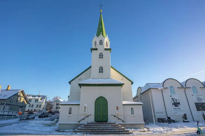 Framed Print : View of Lutheran Free Church on a sunny day in winter, Reykjavik, Iceland Framed Print : View of Lutheran Free Church on a sunny day in winter, Reykjavik, Iceland
