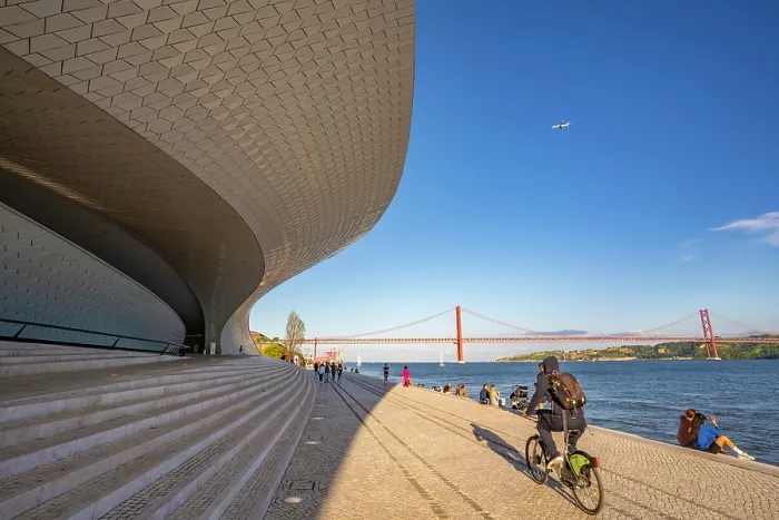 Framed Print : View of MAAT - Museum of Art, Architecture and Technology and 25 April Bridge on a sunny day, Lisbon, Portugal, Europe Framed Print : View of MAAT - Museum of Art, Architecture and Technology and 25 April Bridge on a sunny day, Lisbon, Portugal, Europe