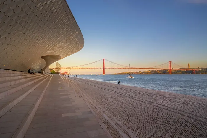 Framed Print : View of MAAT - Museum of Art, Architecture and Technology and 25 April Bridge at sunset Lisbon, Portugal, Europe Framed Print : View of MAAT - Museum of Art, Architecture and Technology and 25 April Bridge at sunset Lisbon, Portugal, Europe