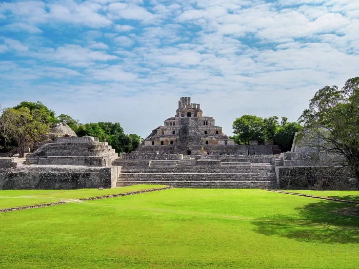 Framed Print : View over Main Plaza towards Great Acropolis and Temple of Five Floors, Edzna Archaeological Site, Campeche State, Mexico Framed Print : View over Main Plaza towards Great Acropolis and Temple of Five Floors, Edzna Archaeological Site, Campeche State, Mexico