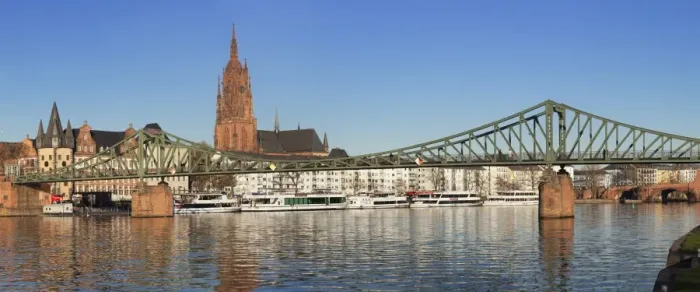 Framed Print : View over Main River to Eiserner Steg iron footbridge and Kaiserdom Cathedral of St Framed Print : View over Main River to Eiserner Steg iron footbridge and Kaiserdom Cathedral of St