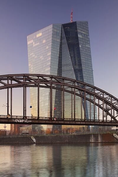 View over Main River to European Central Bank, Frankfurt, Hesse, Germany, Europe