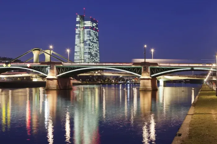 Framed Print : View over Main River to Ignatz Bubis Bridge and European Central Bank, Frankfurt Framed Print : View over Main River to Ignatz Bubis Bridge and European Central Bank, Frankfurt