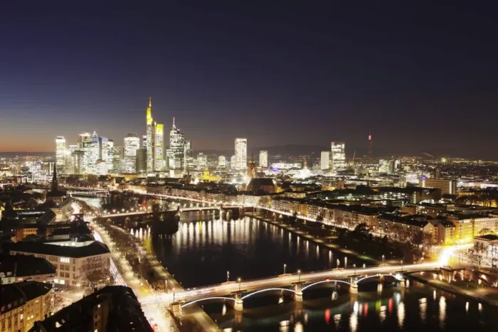 Framed Print : View over Main River to Ignatz Bubis Bridge financial district skyline, Frankfurt Framed Print : View over Main River to Ignatz Bubis Bridge financial district skyline, Frankfurt