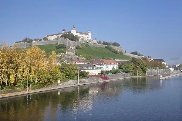 View over the Main River to Marienberg Fortress in autumn, Wuerzburg, Franconia, Bavaria, Germany, Europe
