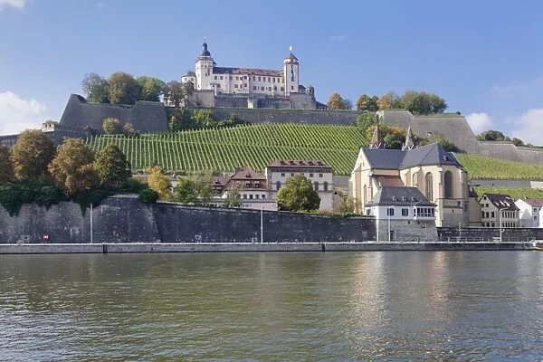 View over Main River to Marienberg Fortress and Church of St. Burkard, Wurzburg, Franconia, Bavaria, Germany, Europe