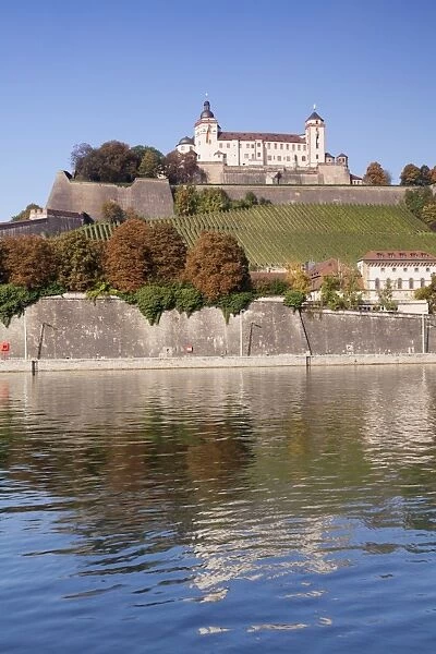 View over the main River to Marienberg Fortress and St. Burkard church in autumn, Wuerzburg, Franconia, Bavaria, Germany, Europe