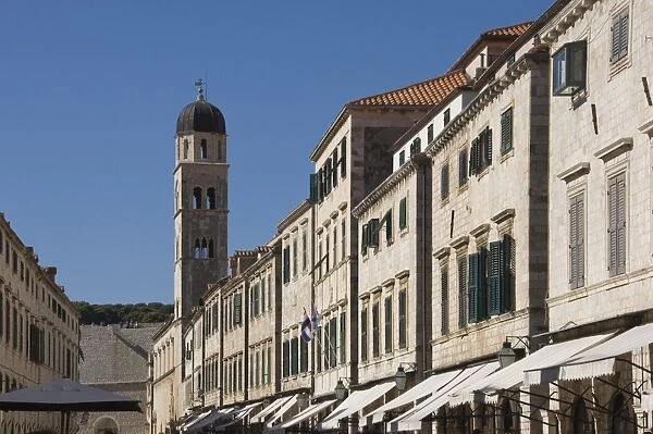 View down the main street to the bell tower of the Franciscan Monastery, Dubrovnik, UNESCO World Heritage Site, Croatia, Europe