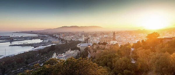 View over Malaga at sunset, Andalusia, Spain, Europe
