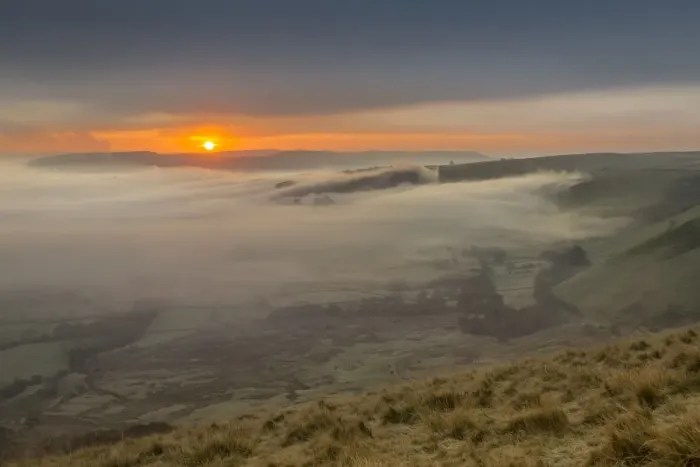 Framed Print : View from Mam Tor of fog in Hope Valley at sunrise, Castleton, Peak District National Park Framed Print : View from Mam Tor of fog in Hope Valley at sunrise, Castleton, Peak District National Park