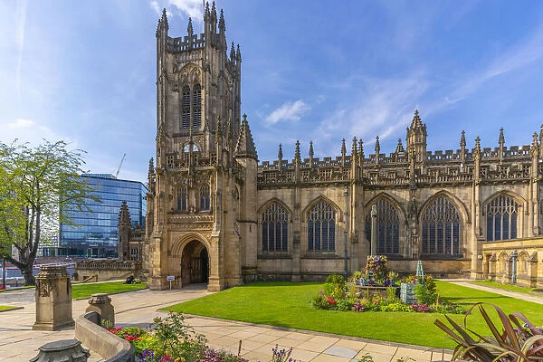 View of Manchester Cathedral from Cathedral Yard, Manchester, Lancashire, England