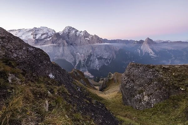 View of the Marmolada mountain range at dawn, Cima Belvedere, Canazei, Val di Fassa