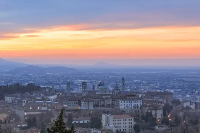 Framed Print : View of the medieval old town called Citta Alta (Upper City) on hilltop framed by Framed Print : View of the medieval old town called Citta Alta (Upper City) on hilltop framed by