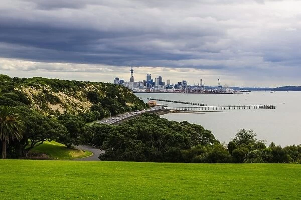 View from the Michael Joseph Savage memorial at the Tamaki Drive over the skyline of Auckland, North Island, New Zealand, Pacific