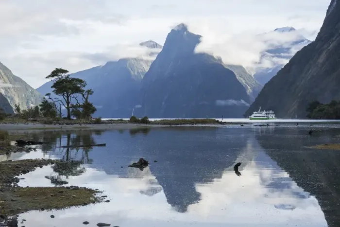 Framed Print : View down Milford Sound, mountains reflected in water, Milford Sound, Fiordland National Park Framed Print : View down Milford Sound, mountains reflected in water, Milford Sound, Fiordland National Park