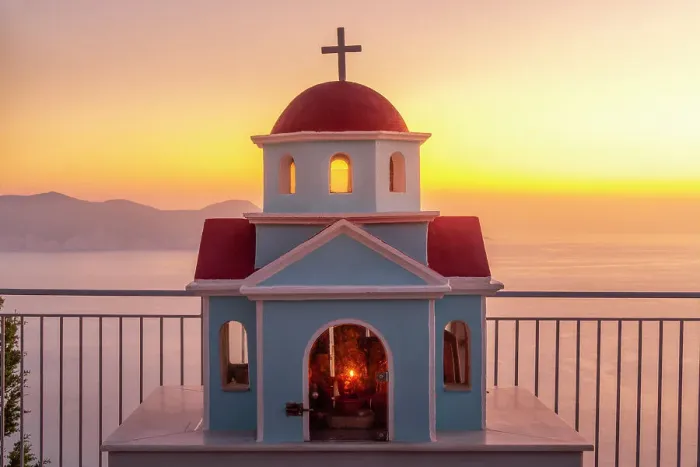 Framed Print : View of miniature Greek Orthodox church on coastal road near Assos, Kefalonia, Ionian Islands, Greek Islands, Greece, Europe Framed Print : View of miniature Greek Orthodox church on coastal road near Assos, Kefalonia, Ionian Islands, Greek Islands, Greece, Europe
