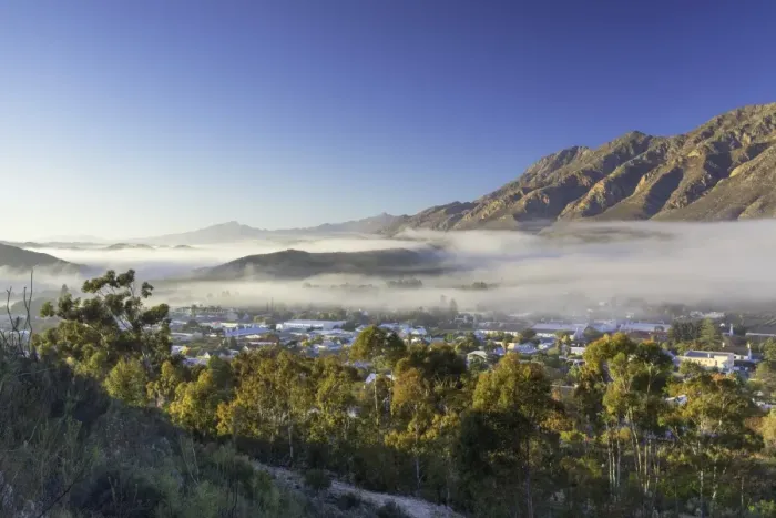 Framed Print : View of mist over Montagu at dawn, Western Cape, South Africa, Africa Framed Print : View of mist over Montagu at dawn, Western Cape, South Africa, Africa