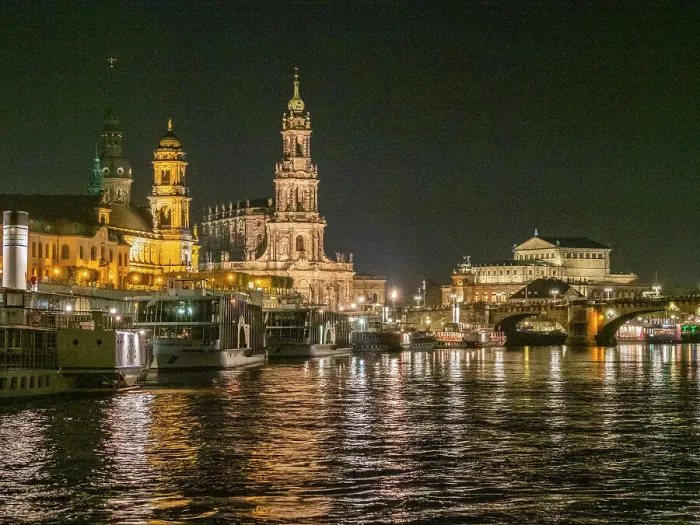 Framed Print : View of modern Dresden by night from across the Elbe River, Dresden, Saxony, Germany, Europe