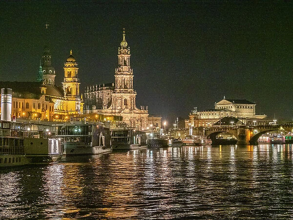 View of modern Dresden by night from across the Elbe River, Dresden, Saxony, Germany, Europe