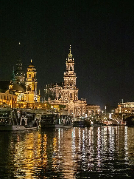View of modern Dresden by night from across the Elbe River, Saxony, Germany, Europe