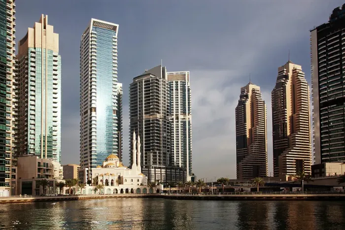 Framed Print : View of modern skyscrapers shining in sunrise light in Dubai Marina, Dubai, United Arab Emirates Framed Print : View of modern skyscrapers shining in sunrise light in Dubai Marina, Dubai, United Arab Emirates