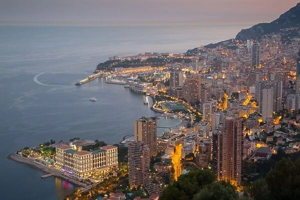 View of Monaco from above at dusk, Monaco, Mediterranean, Europe