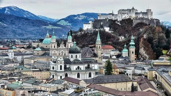 View from Monchsberg Hill towards old town, Salzburg, Austria, Europe