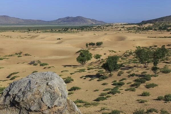 View over Mongol Els sand dunes on a summer morning, Khogno Khan Uul Nature Reserve