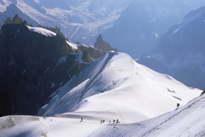 Framed Print : View from Mont Blanc towards Grandes Jorasses, with mountaineers on Cosmiques Ridge Framed Print : View from Mont Blanc towards Grandes Jorasses, with mountaineers on Cosmiques Ridge