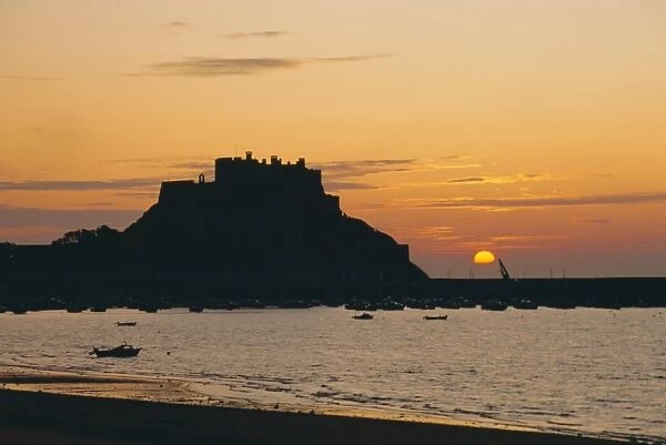 View to Mont Orgueil at Sunrise, Gorey, Jersey, Channel Islands, UK