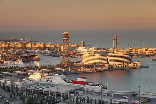 View from Montjuic to Port Vell with World Trade Center at Port Vell and Torre de Sant Jaume I