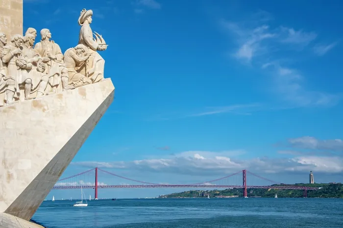 Framed Print : View of Monument to the Discoveries (Padrao dos Descobrimentos) and 25 April Bridge on a sunny day, Lisbon, Portugal, Europe Framed Print : View of Monument to the Discoveries (Padrao dos Descobrimentos) and 25 April Bridge on a sunny day, Lisbon, Portugal, Europe