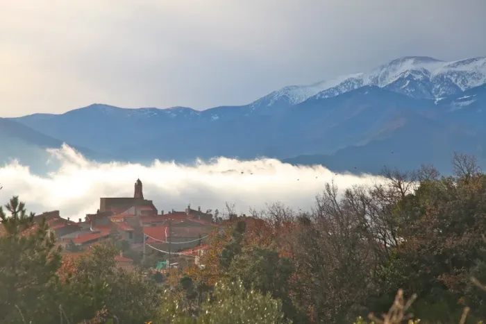 Framed Print : View of morning mist and Arboussols, village in the Pyrenees, Pyrenees-Orientales, Languedoc-Roussillon, France, Europe Framed Print : View of morning mist and Arboussols, village in the Pyrenees, Pyrenees-Orientales, Languedoc-Roussillon, France, Europe