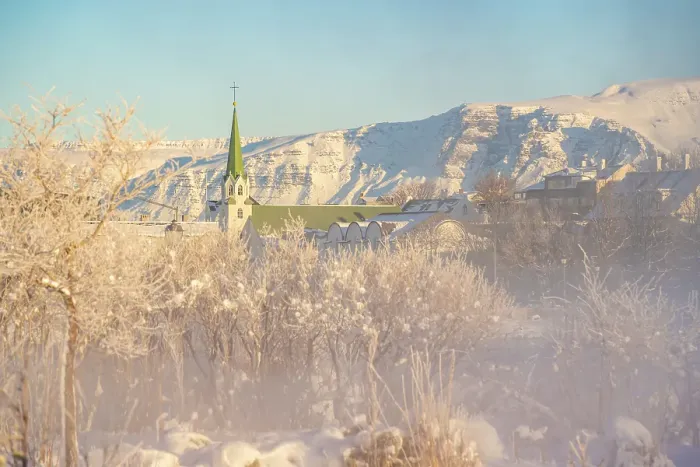 Framed Print : View of morning mist in Tjornin park and Lutheran Free Church on a sunny day in winter, Reykjavik, Iceland Framed Print : View of morning mist in Tjornin park and Lutheran Free Church on a sunny day in winter, Reykjavik, Iceland