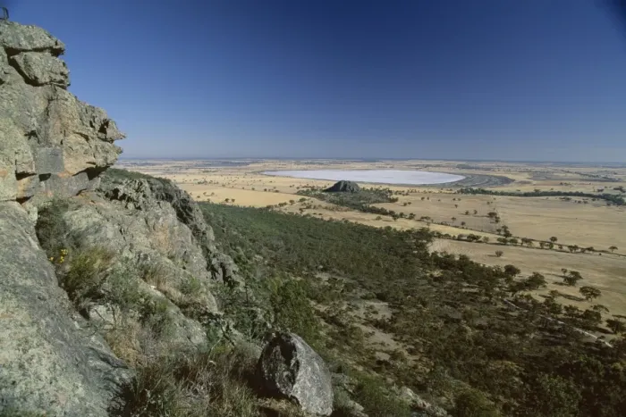 Framed Print : View from Mount Arapiles, rock-climbing centre, towards salt pan of Mitre Lake Framed Print : View from Mount Arapiles, rock-climbing centre, towards salt pan of Mitre Lake