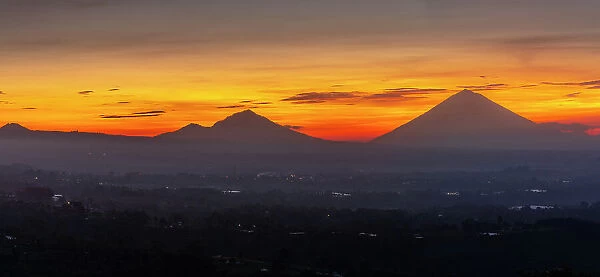 View of Mount Batur and Mount Agung at sunrise, Bali, Indonesia, South East Asia, Asia