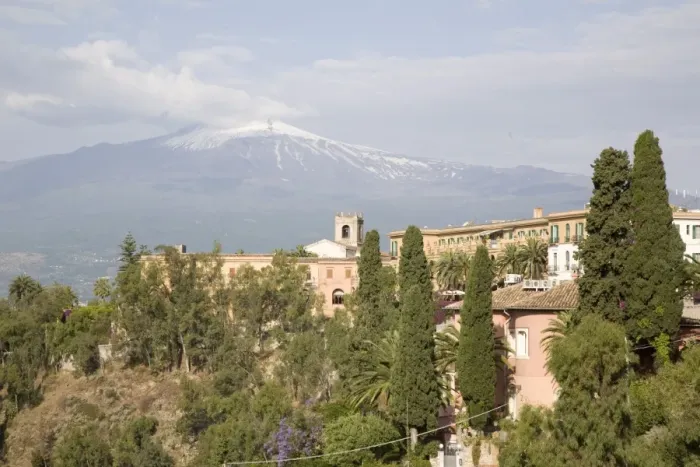 Framed Print : View of Mount Etna from Taormina, Sicily, Italy, Europe