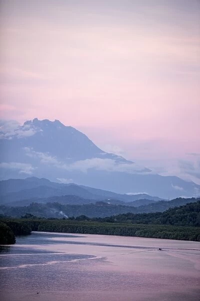 A view of Mount Kinabalu over Menkabong River, Sabah, Malaysian Borneo, Malaysia, Southeast Asia, Asia