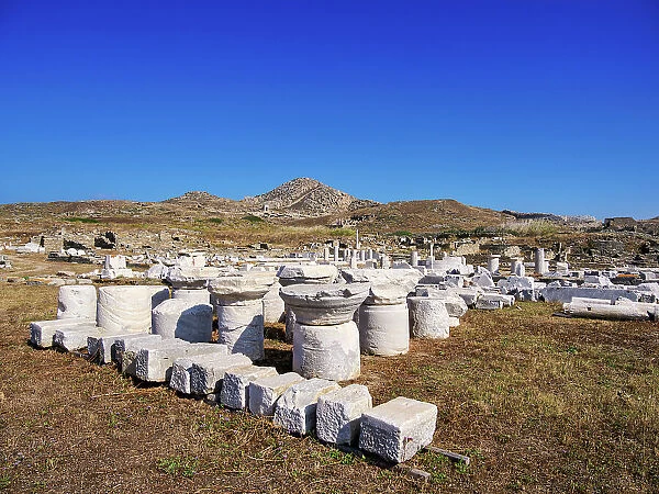 View towards the Mount Kynthos, Delos Archaeological Site, UNESCO World Heritage Site, Delos Island, Cyclades, Greek Islands, Greece, Europe