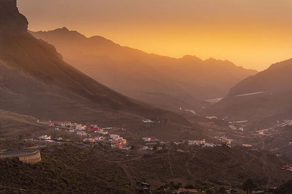 View of mountainous landscape during golden hour near Tasarte, Gran Canaria, Canary Islands, Spain, Atlantic, Europe