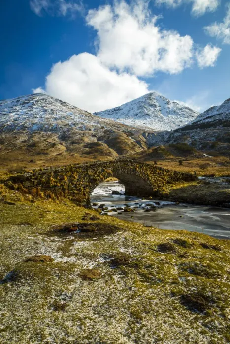 Framed Print : View of mountains and Cattle Bridge in winter, in the Argyll Forest and National Park Framed Print : View of mountains and Cattle Bridge in winter, in the Argyll Forest and National Park