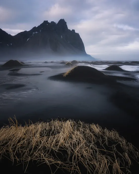 Framed Print : View of the mountains of Vestrahorn from black volcanic sand beach, Stokksnes, South Iceland, Iceland, Polar Regions Framed Print : View of the mountains of Vestrahorn from black volcanic sand beach, Stokksnes, South Iceland, Iceland, Polar Regions