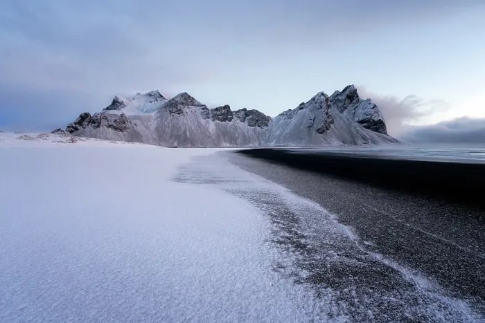 Framed Print : View of the mountains of Vestrahorn from black volcanic sand beach after snowfall, Stokksnes, South Iceland, Iceland, Polar Regions Framed Print : View of the mountains of Vestrahorn from black volcanic sand beach after snowfall, Stokksnes, South Iceland, Iceland, Polar Regions