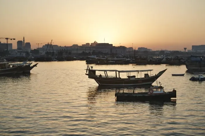 Framed Print : View from the Museum of Islamic Arts towards the old part of Doha and the dhows moored in the Harbour, at sunset, Doha, Qatar, Middle East Framed Print : View from the Museum of Islamic Arts towards the old part of Doha and the dhows moored in the Harbour, at sunset, Doha, Qatar, Middle East