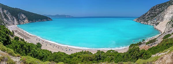 View of Myrtos Beach, coastline, sea and hills near Agkonas, Kefalonia, Ionian Islands, Greek Islands, Greece, Europe