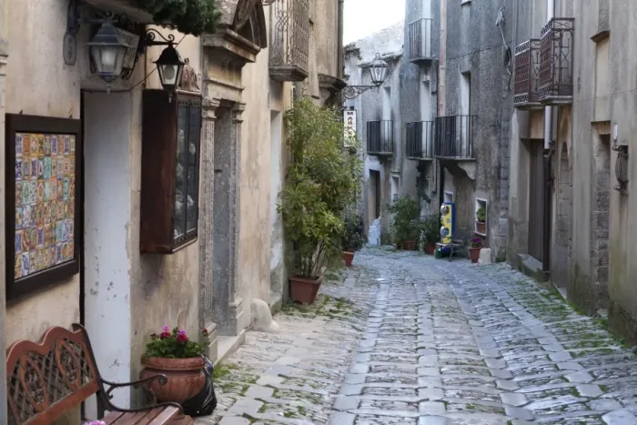 Framed Print : View down narrow cobbled street, Erice, Sicily, Italy, Europe