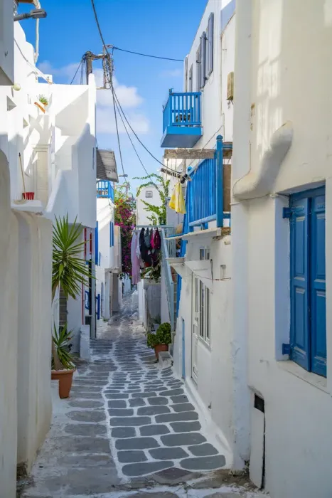 Framed Print : View of narrow street, Mykonos Town, Mykonos, Cyclades Islands, Greek Islands, Aegean Sea