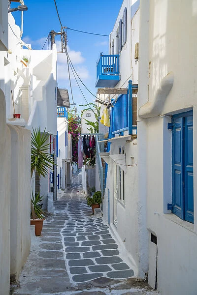 View of narrow street, Mykonos Town, Mykonos, Cyclades Islands, Greek Islands, Aegean Sea