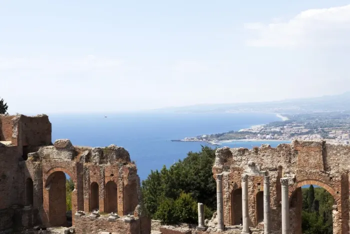 Framed Print : View over the Naxos coast from the Greek Roman theatre of Taormina, Sicily, Italy, Europe Framed Print : View over the Naxos coast from the Greek Roman theatre of Taormina, Sicily, Italy, Europe